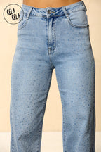 Blue Viral Stretchy Mid-Waist Rhinestone Detailed Wide Leg Jeans in Dewdrop Light Blue