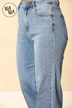 Blue Viral Stretchy Mid-Waist Rhinestone Detailed Wide Leg Jeans in Dewdrop Light Blue