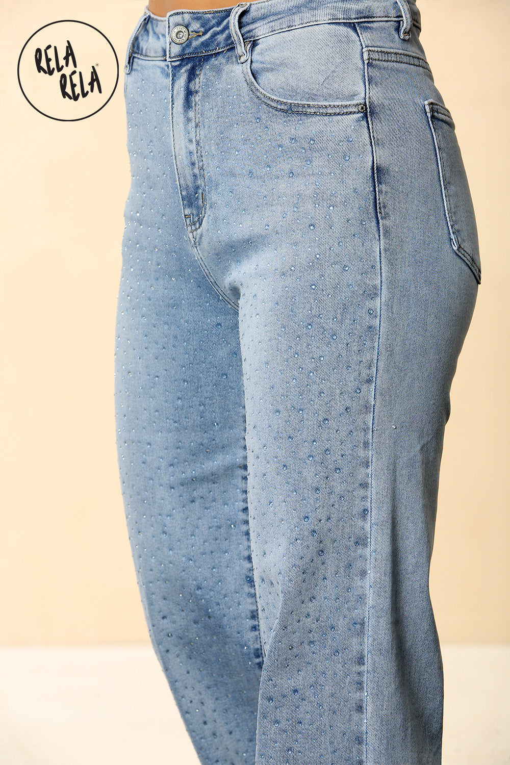 Blue Viral Stretchy Mid-Waist Rhinestone Detailed Wide Leg Jeans in Dewdrop Light Blue