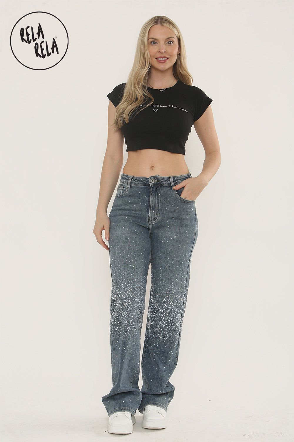 Sparkle Wide Leg Denim Jeans with Rhinestones in Denim Blue
