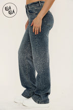 Sparkle Wide Leg Denim Jeans with Rhinestones in Denim Blue