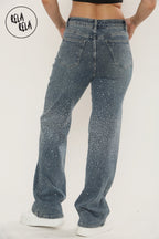Sparkle Wide Leg Denim Jeans with Rhinestones in Denim Blue