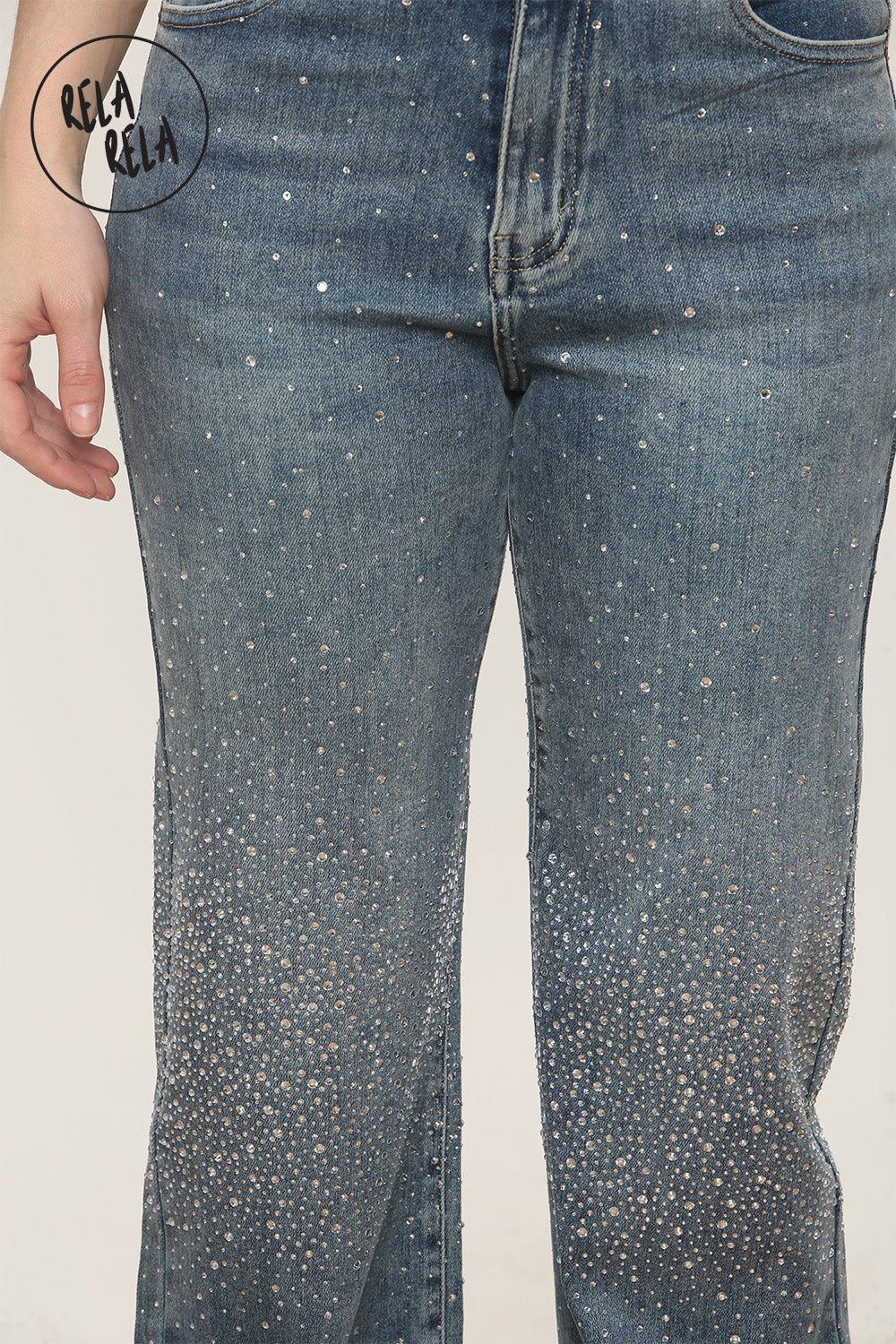 Sparkle Wide Leg Denim Jeans with Rhinestones in Denim Blue