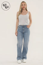 Sparkle Wide Leg Denim Jeans with Rhinestones in Mid Blue