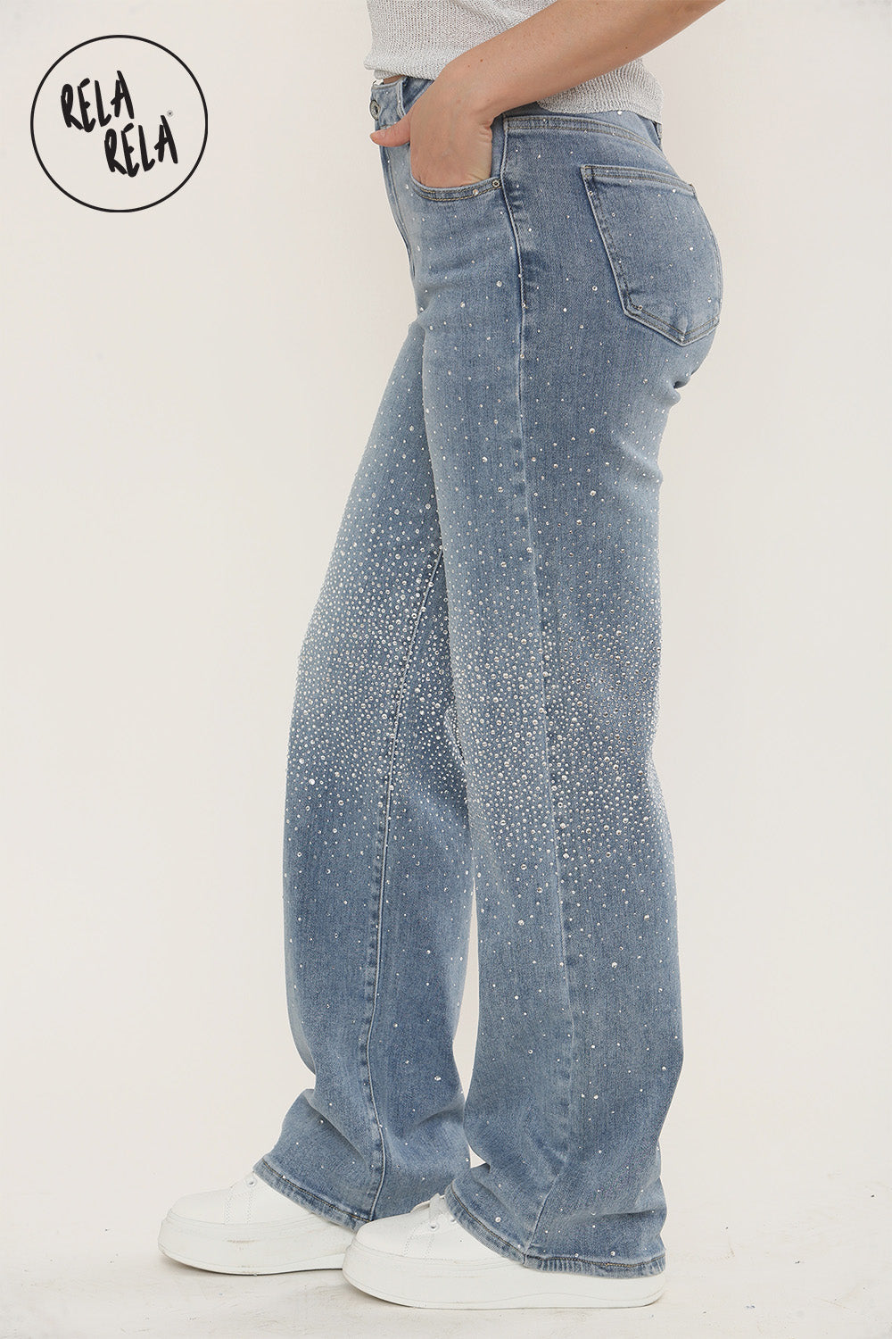 Sparkle Wide Leg Denim Jeans with Rhinestones in Mid Blue