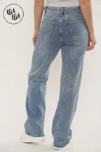 Sparkle Wide Leg Denim Jeans with Rhinestones in Mid Blue