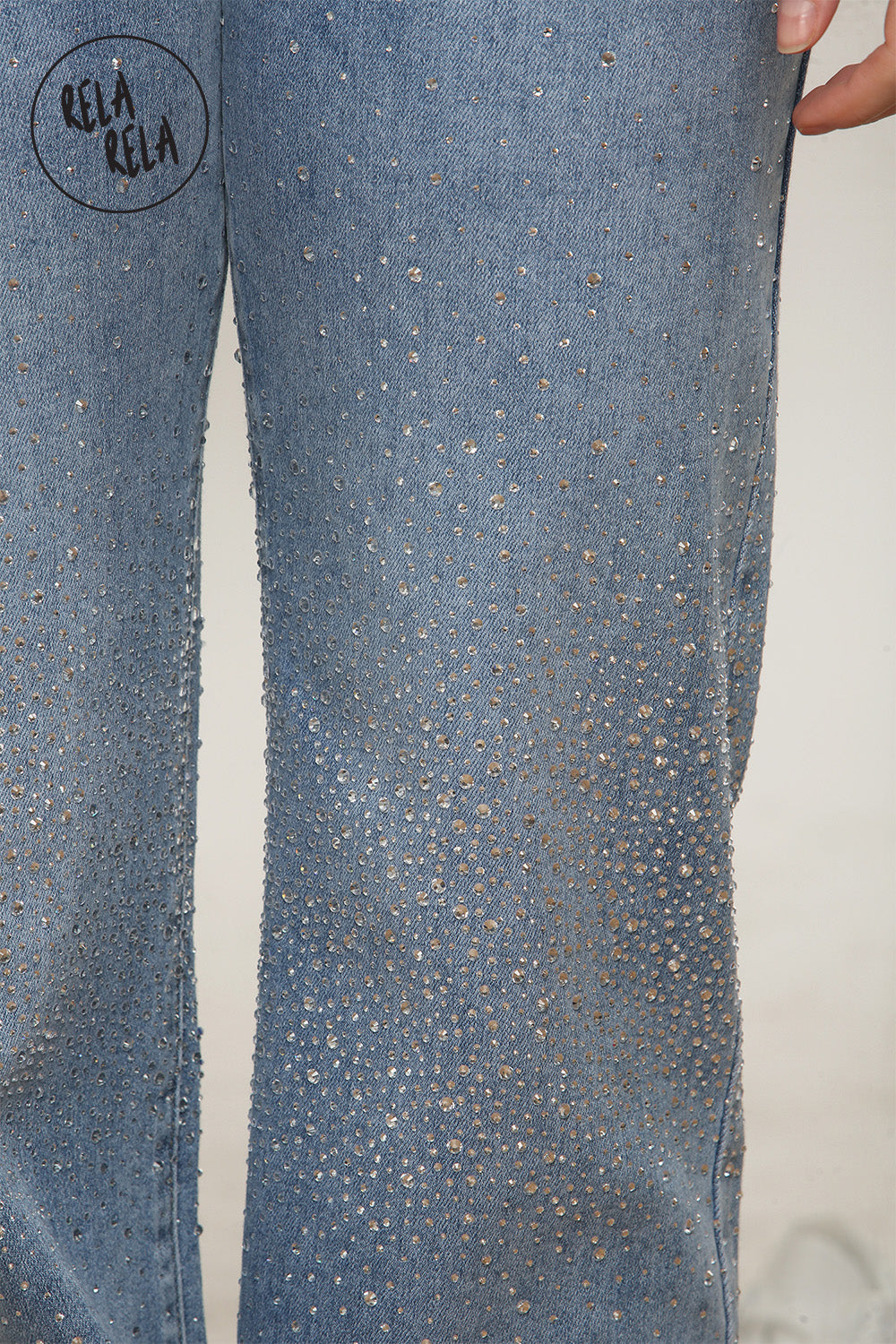 Sparkle Wide Leg Denim Jeans with Rhinestones in Mid Blue