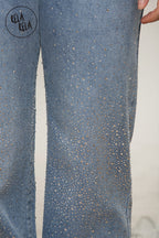 Sparkle Wide Leg Denim Jeans with Rhinestones in Mid Blue