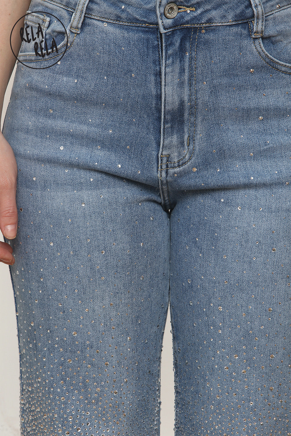 Sparkle Wide Leg Denim Jeans with Rhinestones in Mid Blue