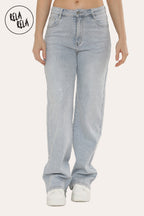 Sparkle Wide Leg Denim Jeans with Rhinestones in Light Blue