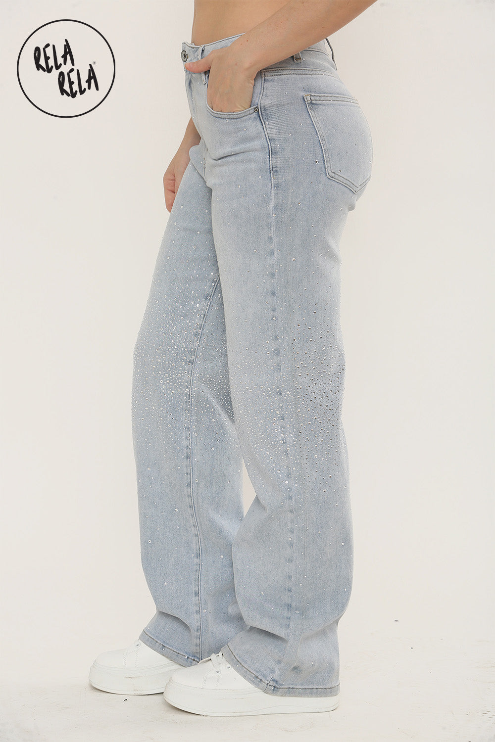 Sparkle Wide Leg Denim Jeans with Rhinestones in Light Blue