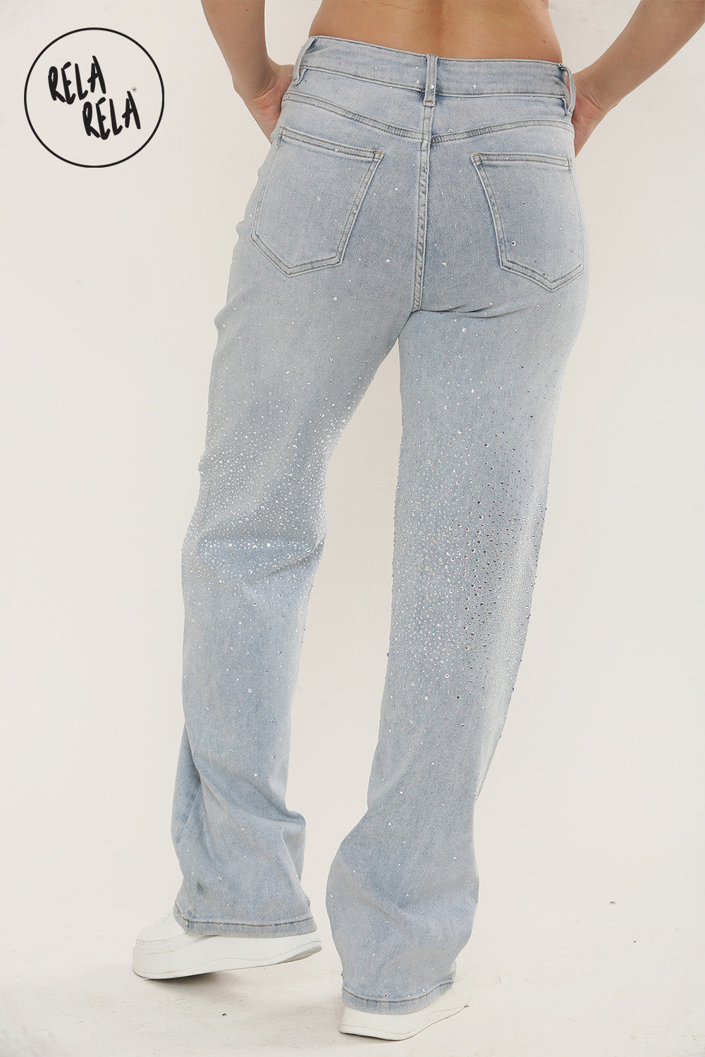 Sparkle Wide Leg Denim Jeans with Rhinestones in Light Blue