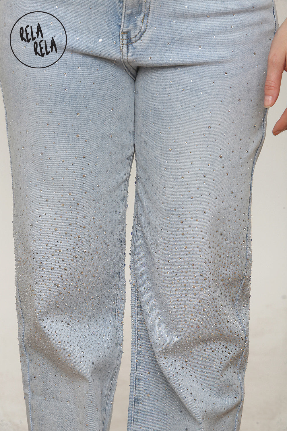 Sparkle Wide Leg Denim Jeans with Rhinestones in Light Blue