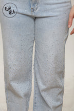 Sparkle Wide Leg Denim Jeans with Rhinestones in Light Blue