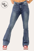 Flared Stretchy Pull On Jeans in Denim Blue