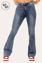 Flared Stretchy Pull On Jeans in Denim Blue