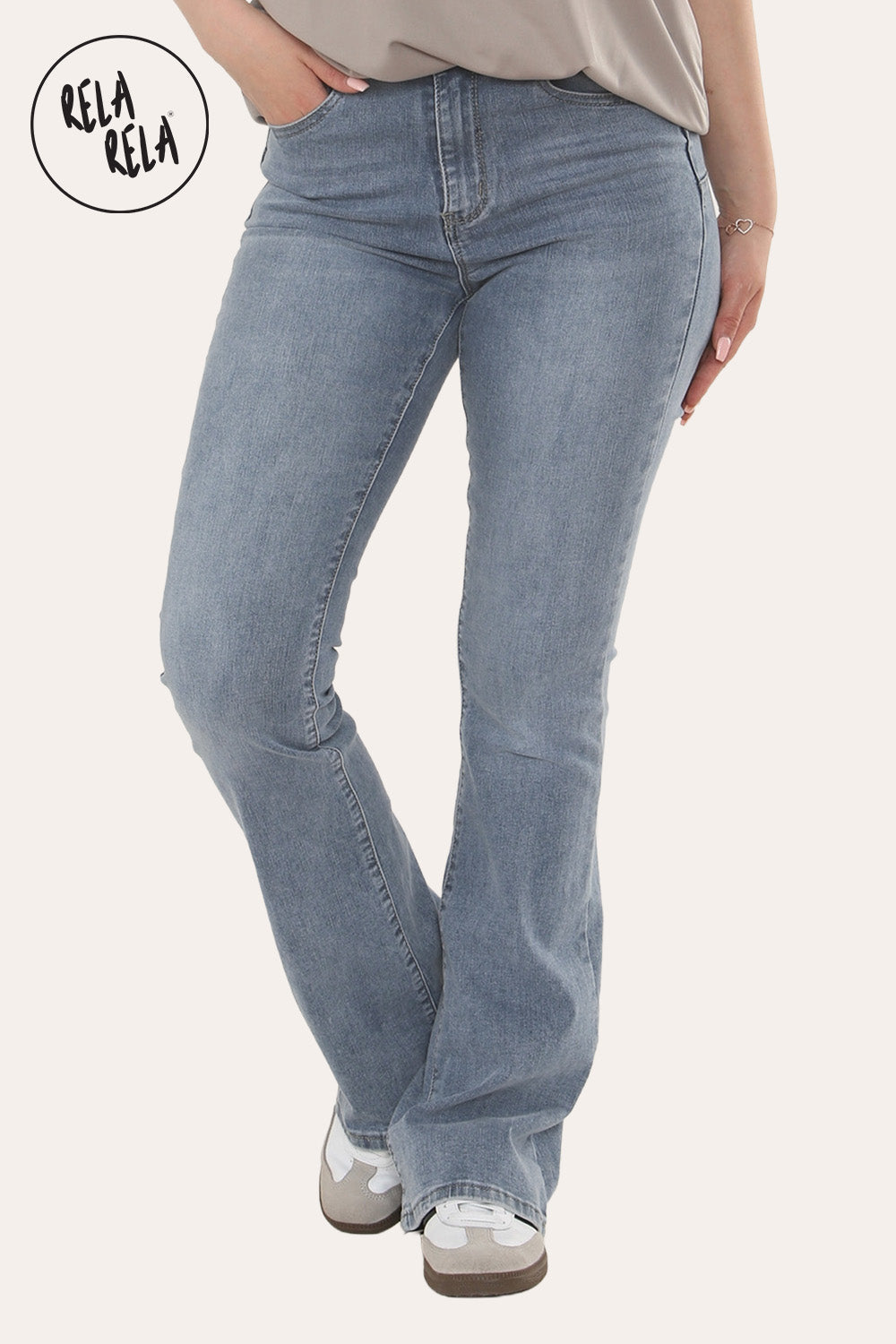 Flared Stretchy Pull On Jeans in Vintage Blue