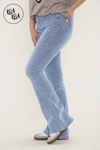 Flared Stretchy Pull On Jeans in Mid Blue
