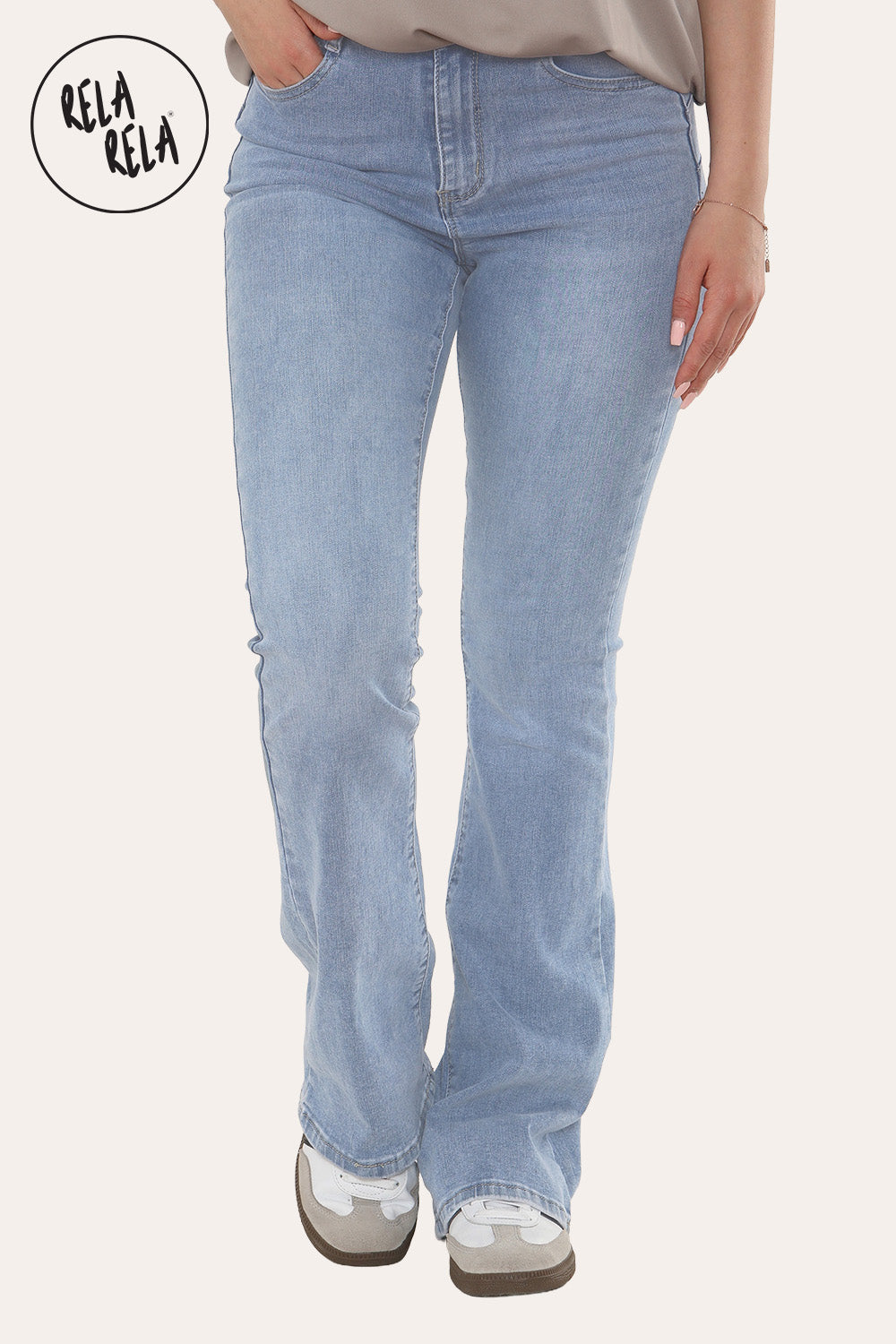 Flared Stretchy Pull On Jeans in Mid Blue
