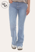 Flared Stretchy Pull On Jeans in Mid Blue