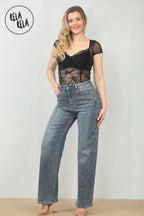 Viral Stretchy Rhinestone Wide Leg Jeans in Denim Blue