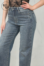 Viral Stretchy Rhinestone Wide Leg Jeans in Denim Blue