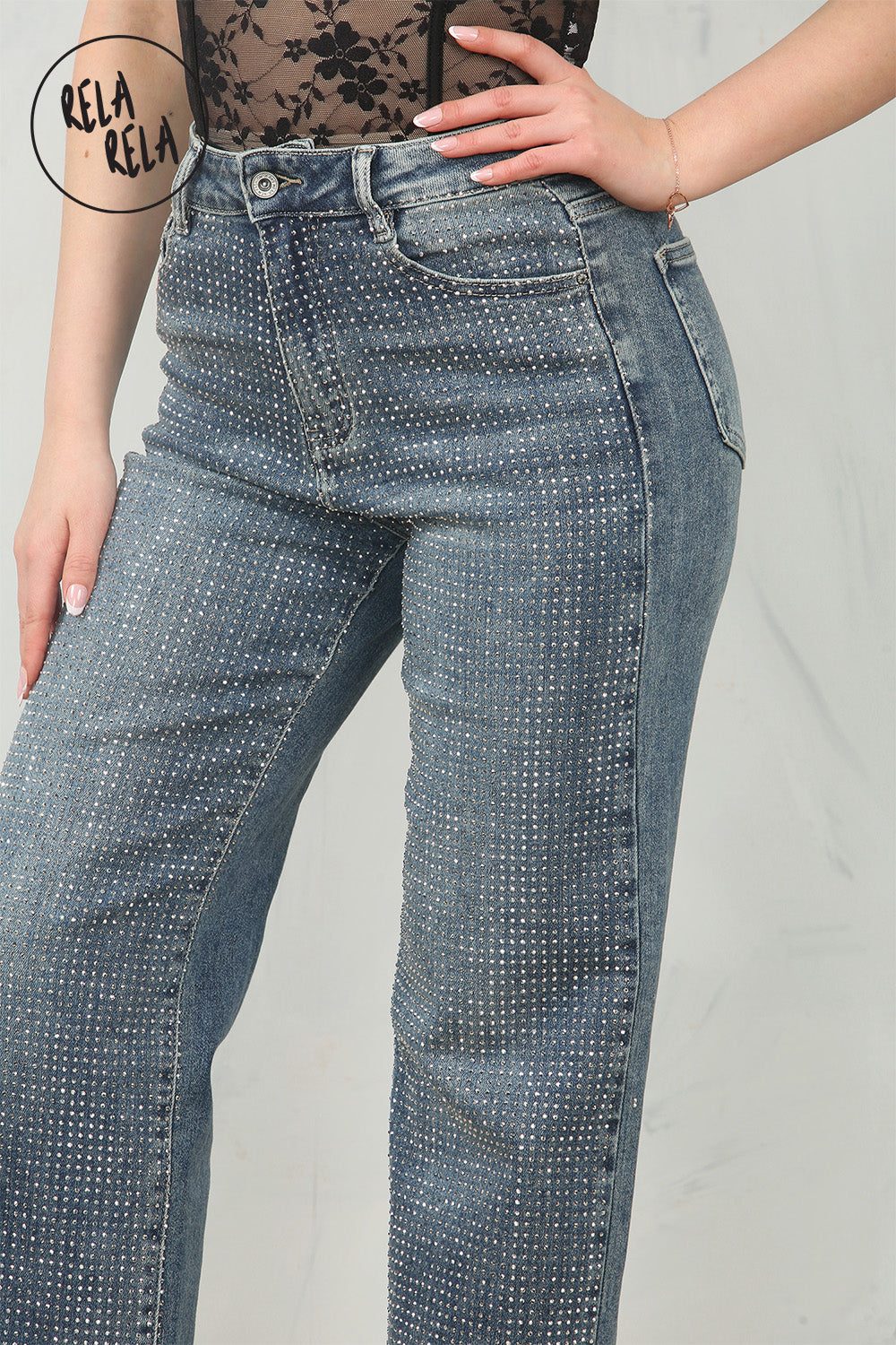 Viral Stretchy Rhinestone Wide Leg Jeans in Denim Blue