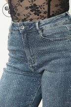 Viral Stretchy Rhinestone Wide Leg Jeans in Denim Blue