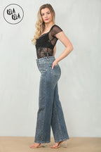 Viral Stretchy Rhinestone Wide Leg Jeans in Denim Blue