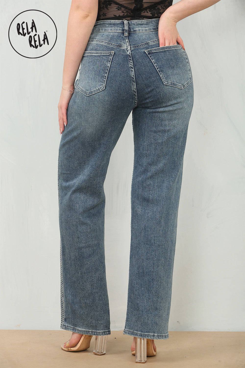 Viral Stretchy Rhinestone Wide Leg Jeans in Denim Blue