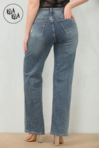 Viral Stretchy Rhinestone Wide Leg Jeans in Denim Blue