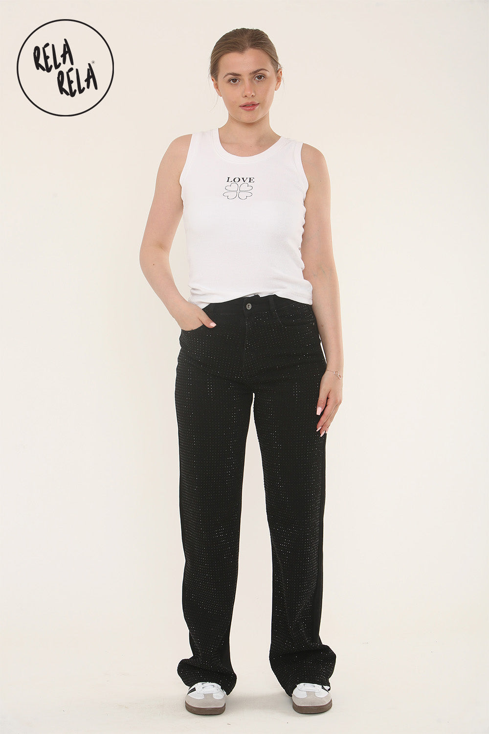 Viral Stretchy Rhinestone Wide Leg Jeans in Black