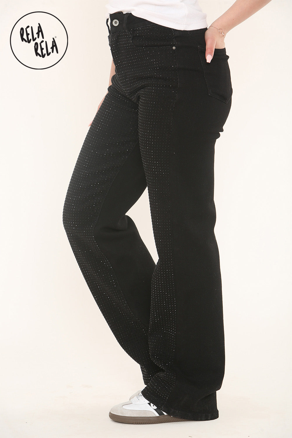 Viral Stretchy Rhinestone Wide Leg Jeans in Black