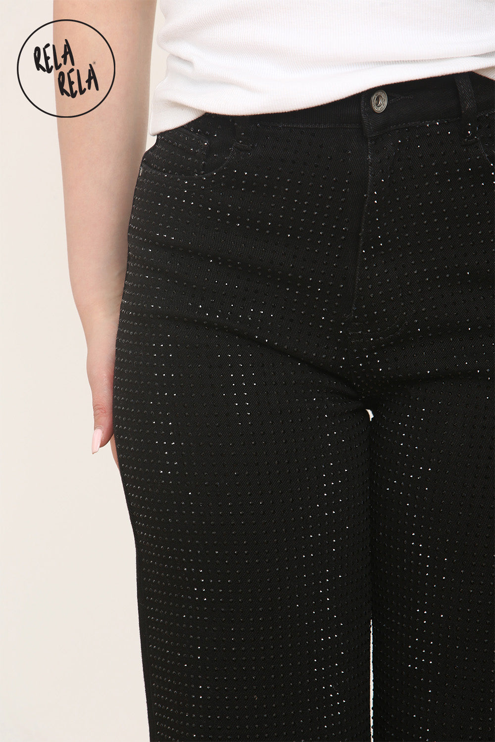 Viral Stretchy Rhinestone Wide Leg Jeans in Black