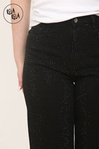 Viral Stretchy Rhinestone Wide Leg Jeans in Black