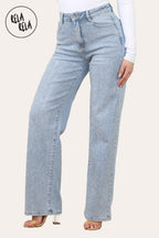 Viral Stretchy Rhinestone Wide Leg Jeans in Light Blue