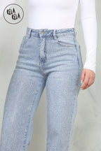 Viral Stretchy Rhinestone Wide Leg Jeans in Light Blue