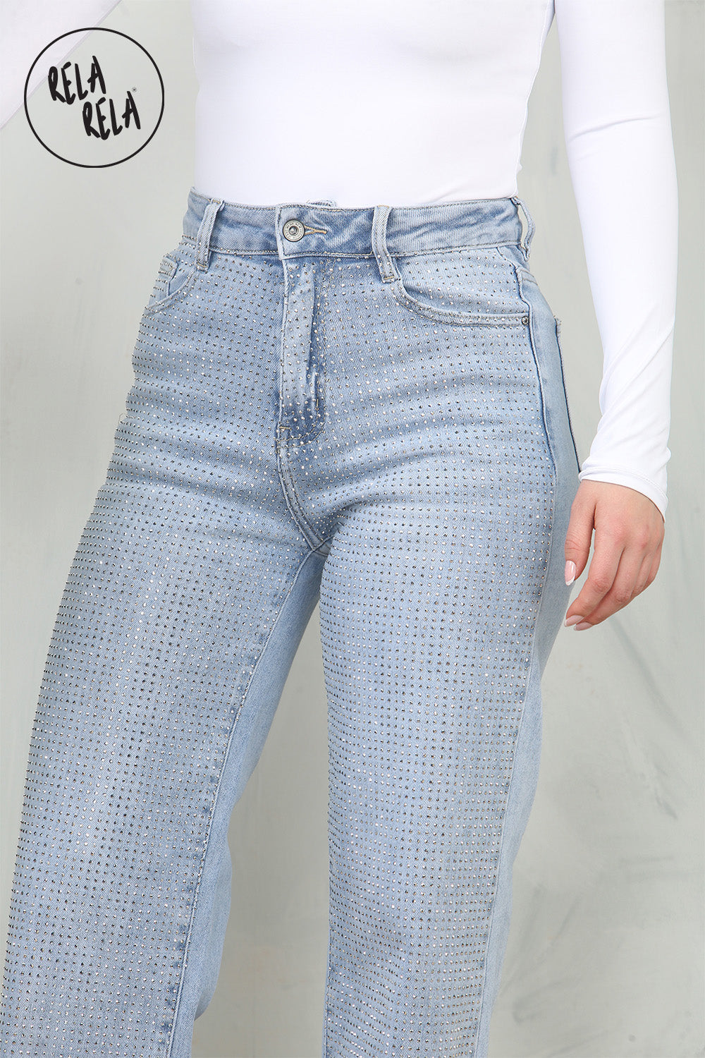 Viral Stretchy Rhinestone Wide Leg Jeans in Light Blue