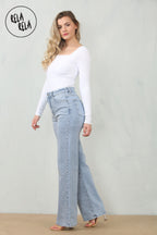 Viral Stretchy Rhinestone Wide Leg Jeans in Light Blue