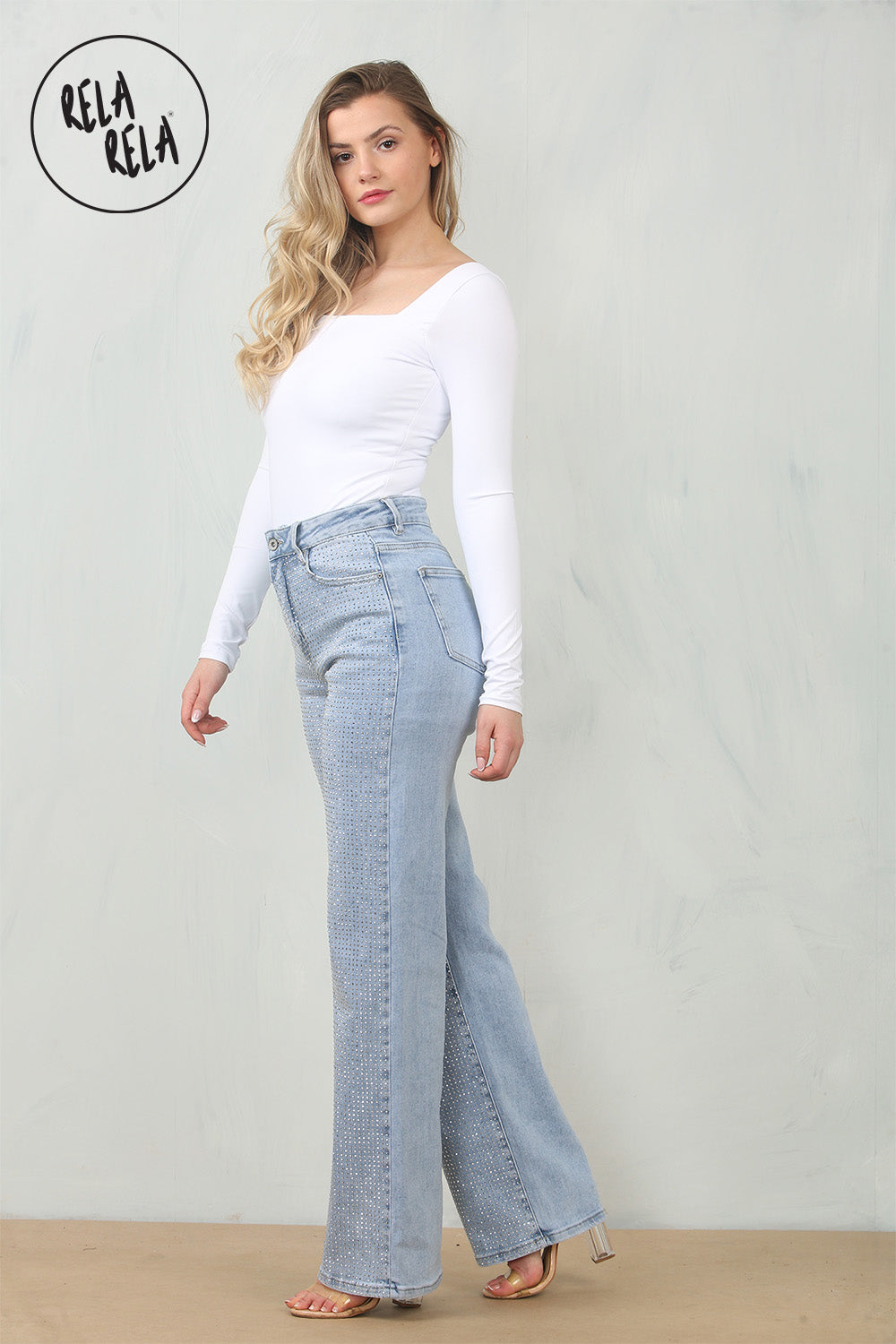 Viral Stretchy Rhinestone Wide Leg Jeans in Light Blue