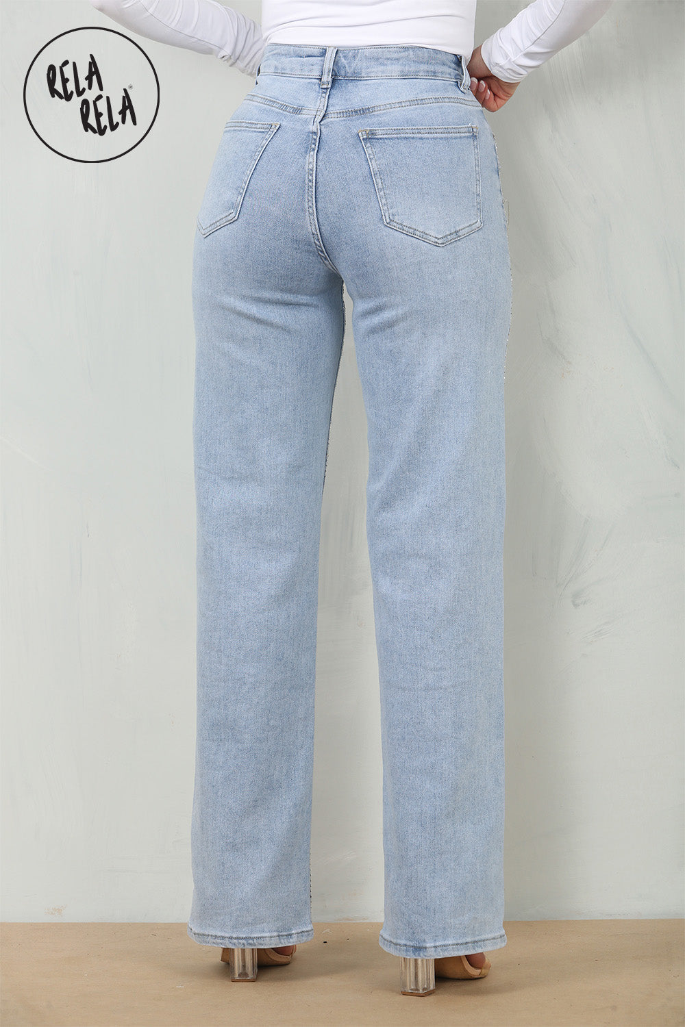 Viral Stretchy Rhinestone Wide Leg Jeans in Light Blue