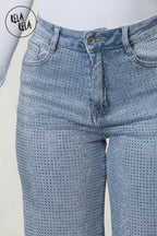 Viral Stretchy Rhinestone Wide Leg Jeans in Light Blue