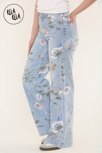 Blue Floral Jeans with Wide Leg Comfort Fit Flower Pattern Denim