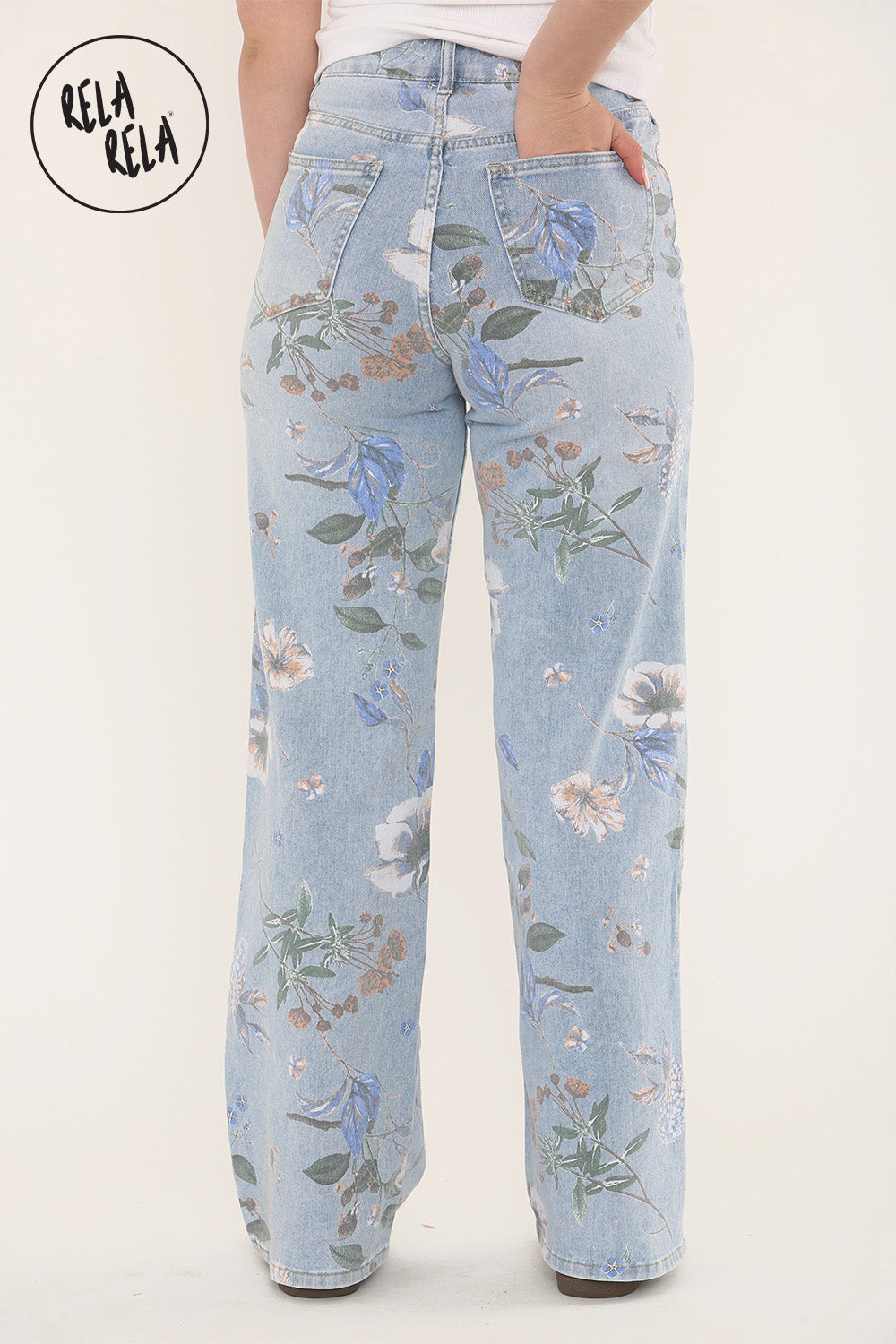 Blue Floral Jeans with Wide Leg Comfort Fit Flower Pattern Denim