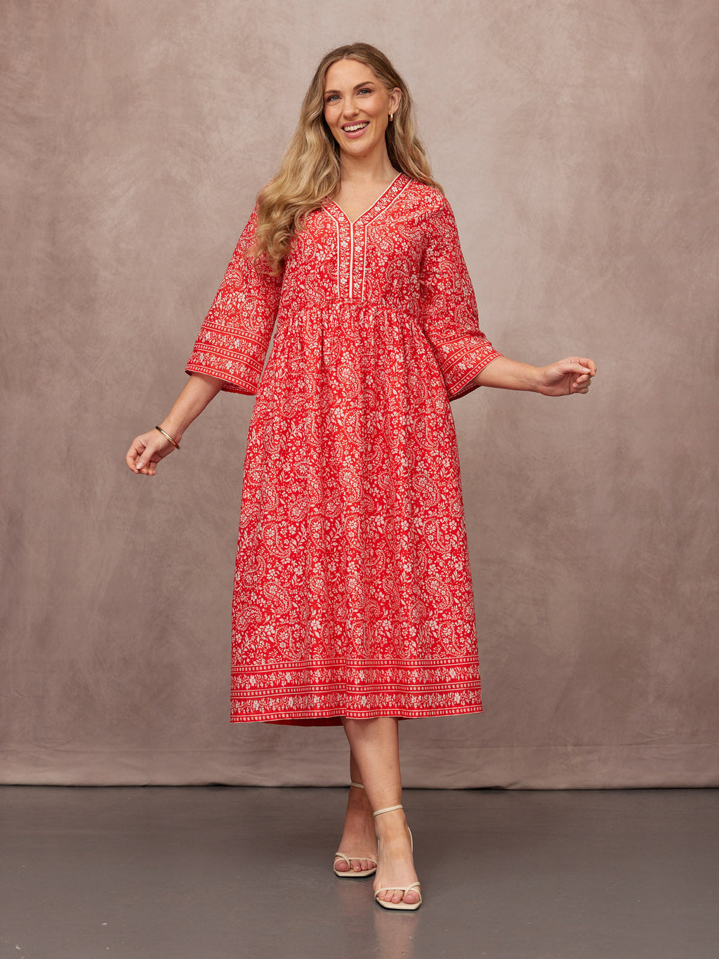 Cindy Kimono Sleeve Midi Dress - Red & Ecru Paisley Print