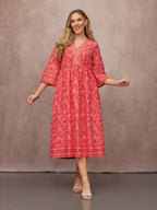 Cindy Kimono Sleeve Midi Dress - Red & Ecru Paisley Print