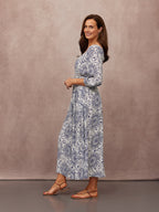 Marisol Round Neck Shirred Dress - Ecru & Blue Sun Print
