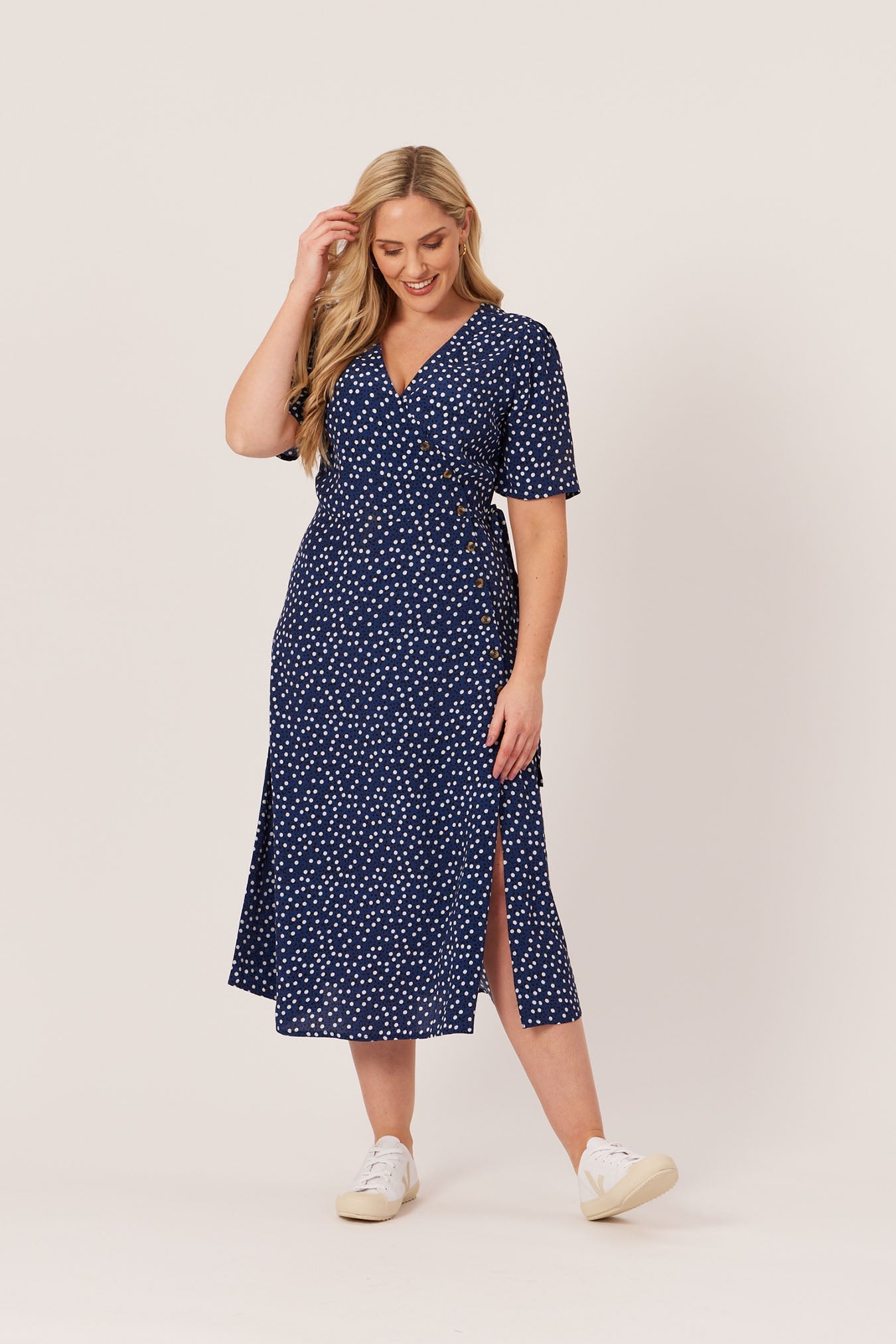 Lesley - Midi Button Wrap Dress - Blue Polkadot