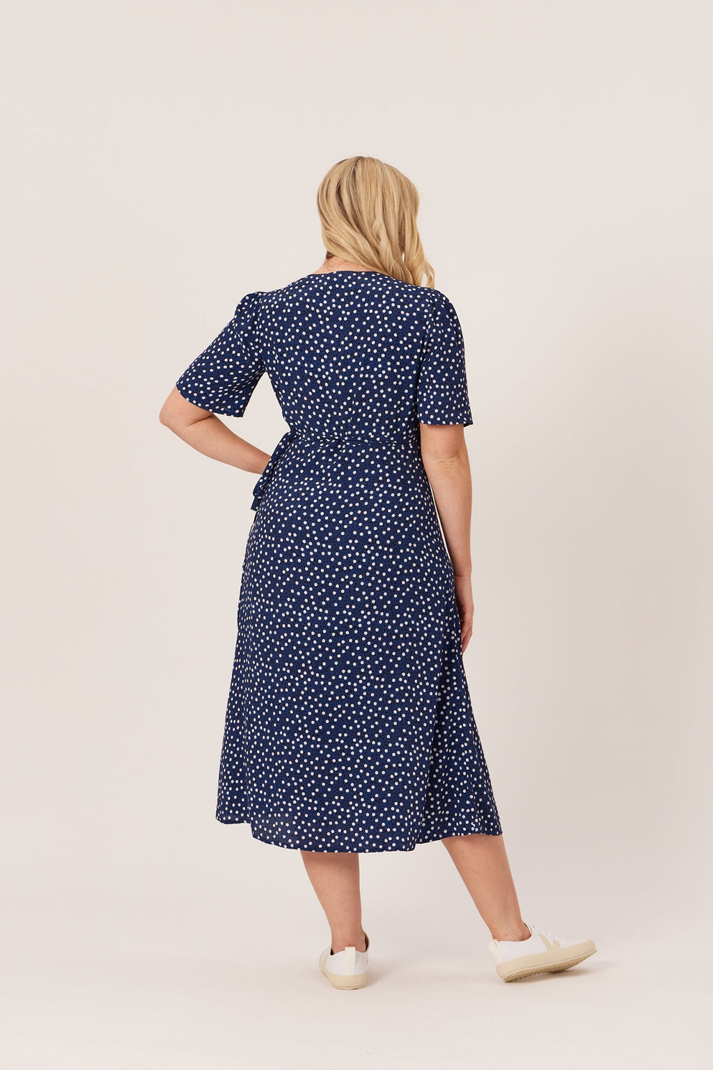 Lesley - Midi Button Wrap Dress - Blue Polkadot