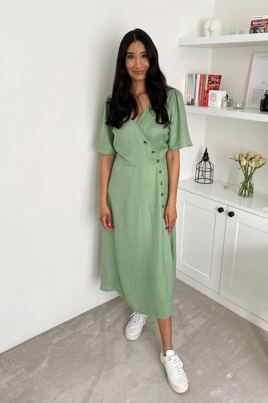 Lesley - Midi Button Wrap Dress - Green